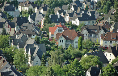 Blick von oben auf die Wohnkolonien in Wiesdorf