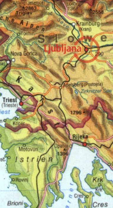 Kartenausschnitt mit Ljubljana