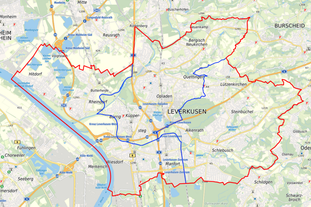 Die drei Bezirke auf der Stadtkarte.