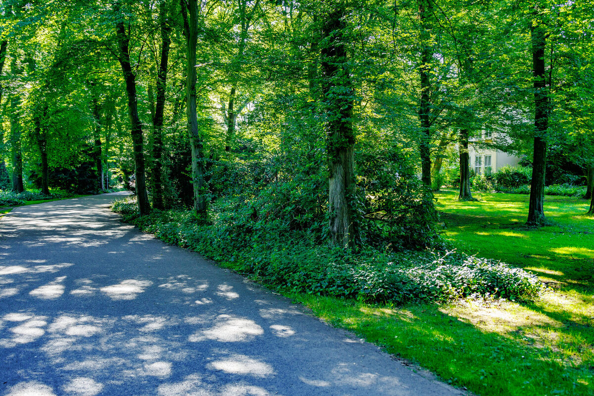 Ein asphaltierter Weg in einem sauberen Park in Leverkusen