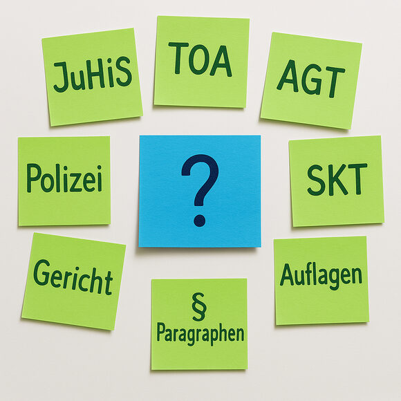 Post-Its mit Begriffen hängen an der Wand